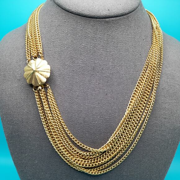 Vintage Japan Multi-Strand Gold Tone Necklace, Layered Chains, Floral Clasp, 19 - Picture 2 of 10